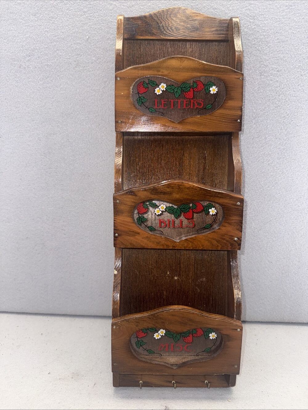 Vintage Wood Wall Mail Organizer Strawberry Letters Bills Misc Key Hooks